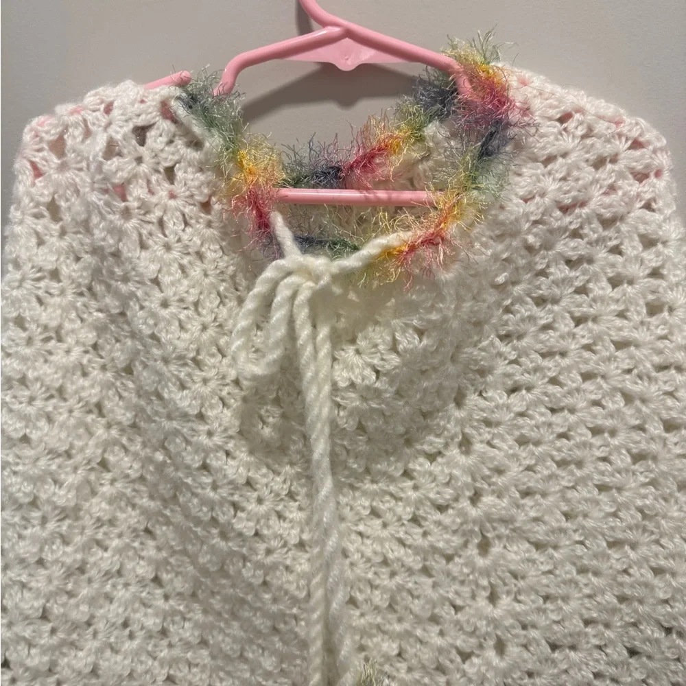 Kids White Crochet Poncho with Rainbow Trim